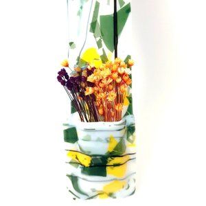 New Green, Yellow and White Glass Wall Vase with Dried Flowers Water Tight for R